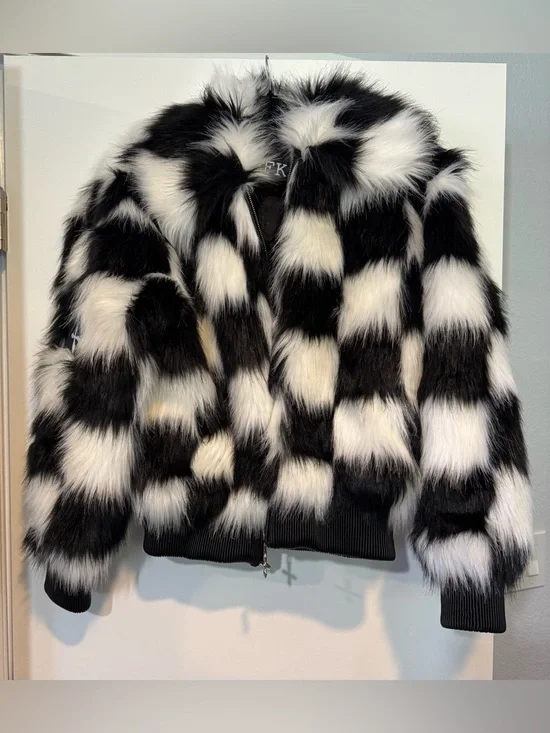 SMFK Plan C Checkered Faux Fur Bomber Jacket Black White Size 1 - Picture 4 of 13